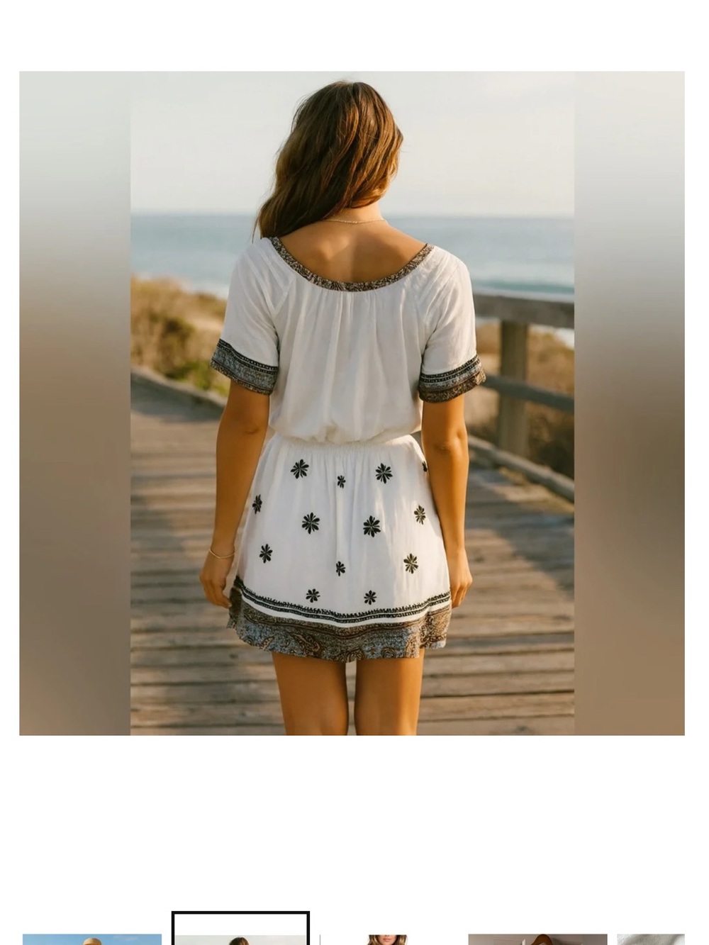 Free People White Embroidered Boho Mini Dress with Blue-Brown Trim - Picture 2 of 5